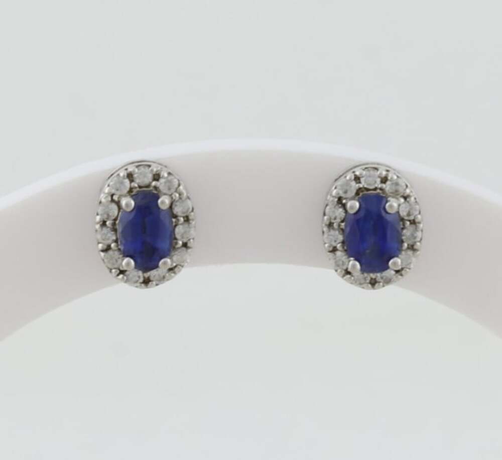 Sterling Silver Lab Created Blue Sapphire & White Topaz Earrings Studs 3/8 x 1/4